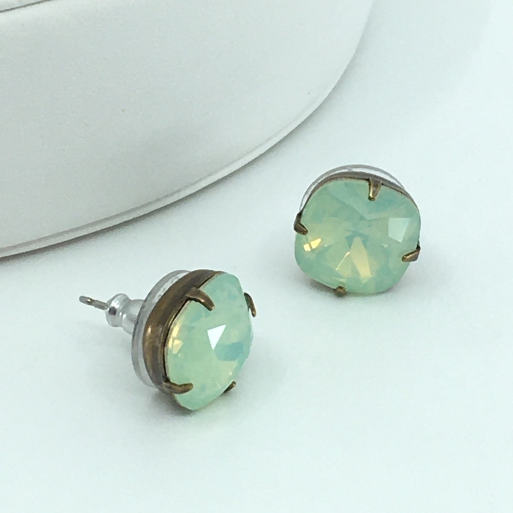 Mint Green Pacific Opal Swarovski Crystal Chinky Stud Earrings Antique Gold Tone